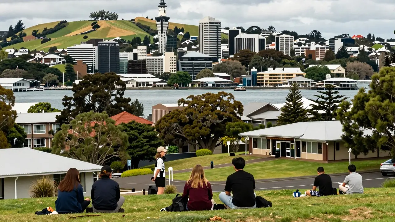 Toàn cảnh thành phố ven biển ở New Zealand với đồi núi phía xa