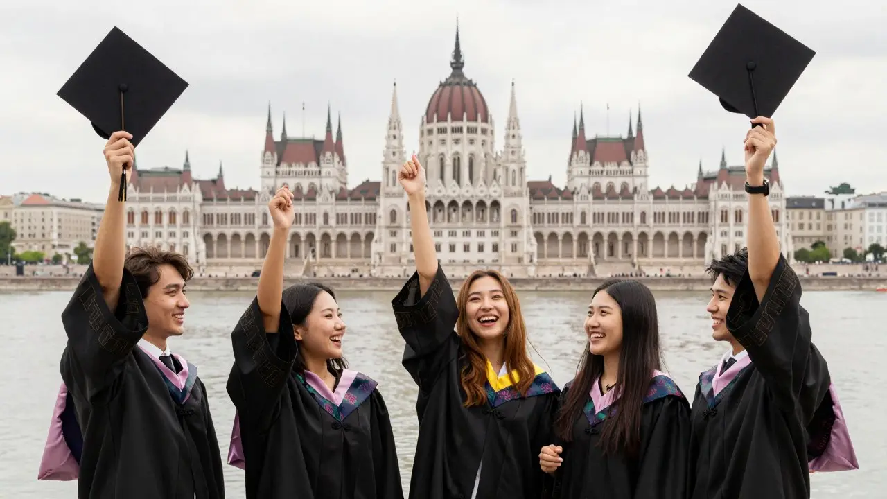 Nhóm sinh viên làm bài lập trình trên máy tính trong phòng lab của một trường đại học ở Hungary