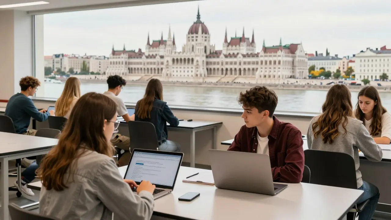 Sinh viên kinh tế thảo luận nhóm bên bảng phân tích trong giảng đường ở Budapest