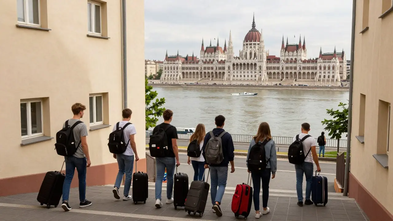 Sinh viên đeo tạp dề làm việc bán thời gian trong quán cà phê nhỏ ở Hungary