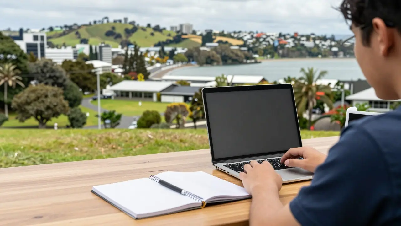 Bảng tính ngân sách chi phí du học New Zealand đặt cạnh máy tính và hộ chiếu
