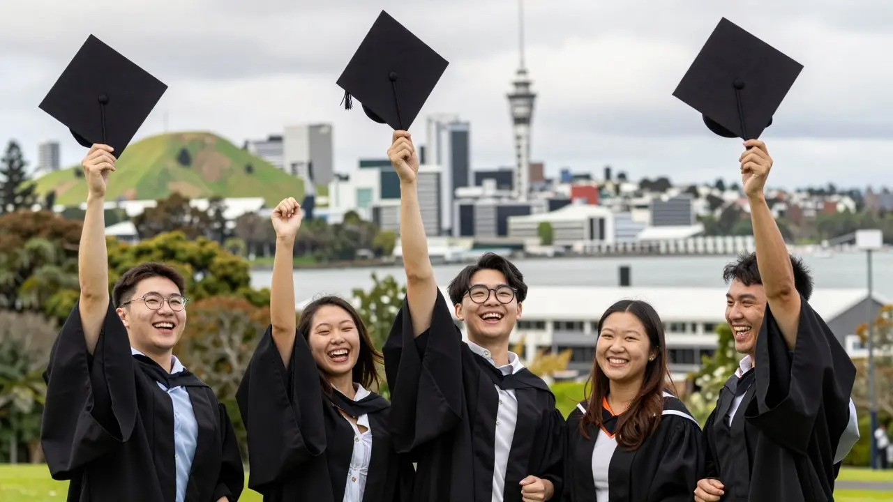 Nhóm sinh viên công nghệ thông tin làm dự án lập trình trong phòng máy tại New Zealand
