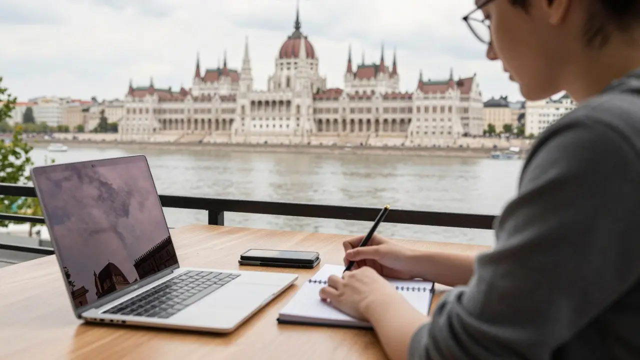 Sinh viên quốc tế cầm hồ sơ học bổng trước toà nhà đại học cổ kính ở Hungary