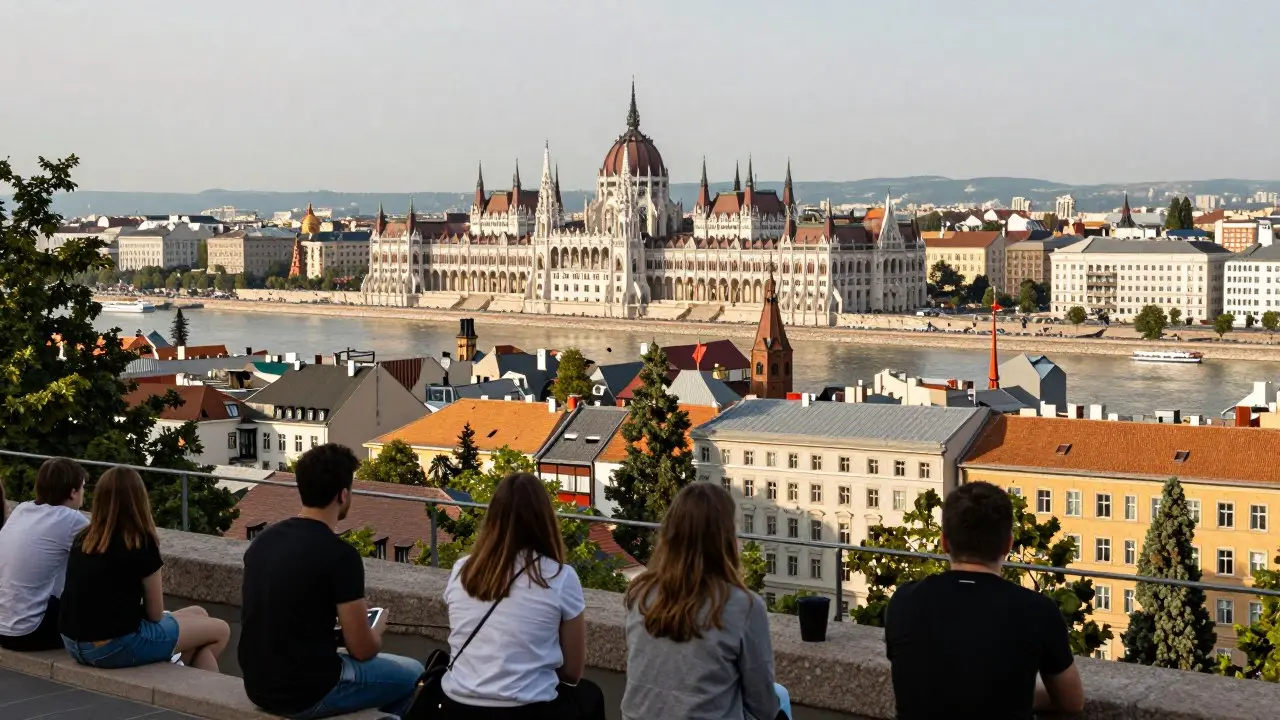 Phòng ký túc xá sinh viên gọn gàng với bàn học và cửa sổ nhìn ra phố tại Hungary