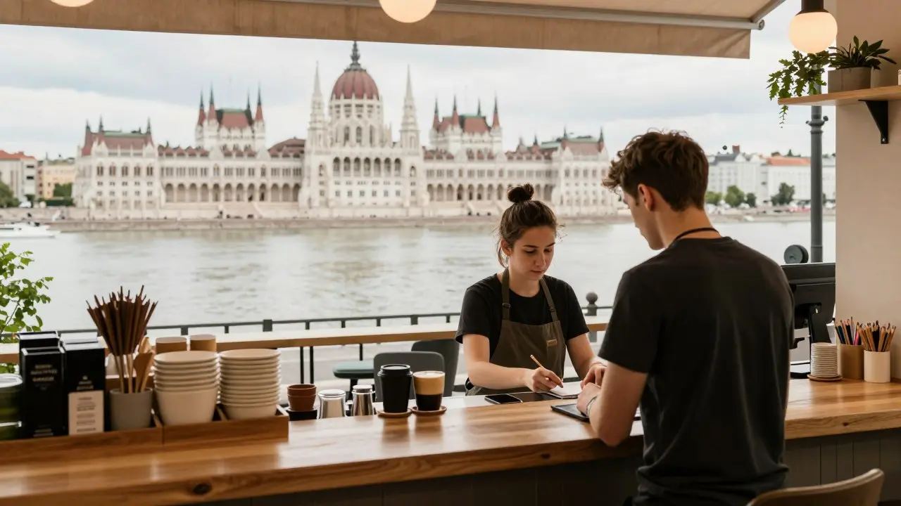 Quảng trường trung tâm một thành phố đại học ở Hungary với sinh viên đi lại dưới ánh nắng