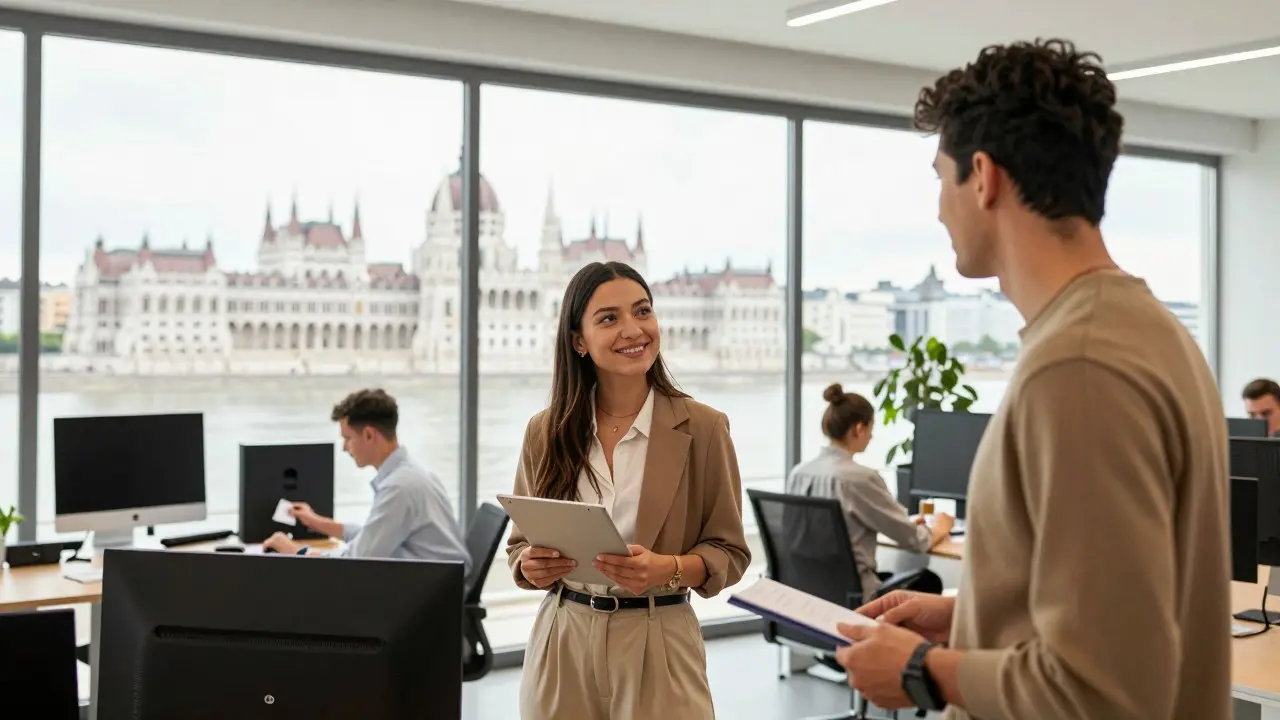 Sinh viên trao đổi quốc tế cười nói trước toà nhà đại học tại Hungary