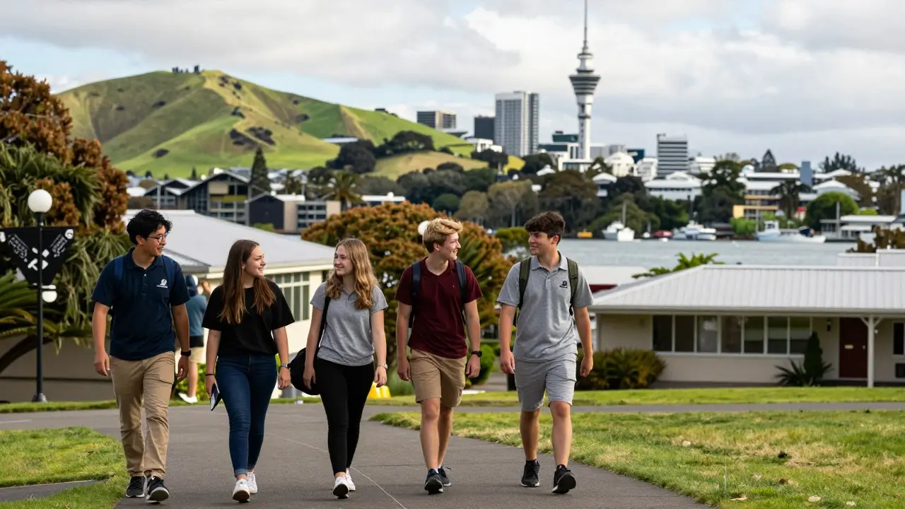 Sinh viên quốc tế đi bộ trong khuôn viên đại học xanh mát tại New Zealand